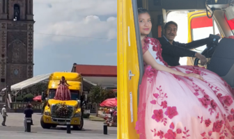 Quinceañera llega a misa sobre el tráiler de su papá