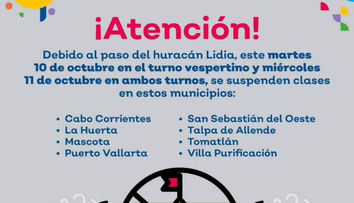 Suspensión de clases en Puerto Vallarta y municipios vecinos por paso de tormenta tropical Lidia