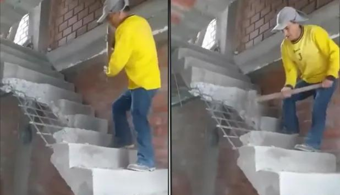VIDEO: Albañil destruye escaleras recién construidas por falta de pago