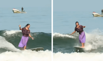 Surfista mexicana Patty Ornelas rinde homenaje a sus raíces al surfear en huipil