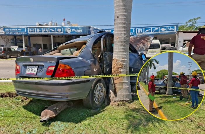 BMW se impacta y termina incrustado en una palmera en Bucerías