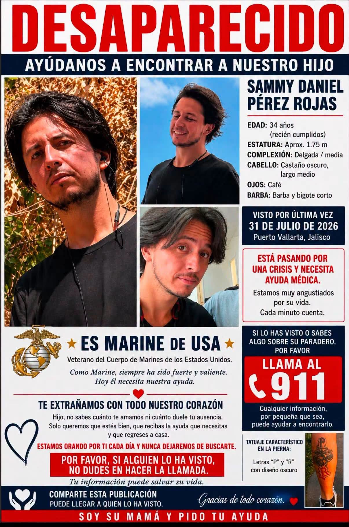 Buscan a Sammy Daniel Pérez Rojas, veterano de los Marines desaparecido en Puerto Vallarta
