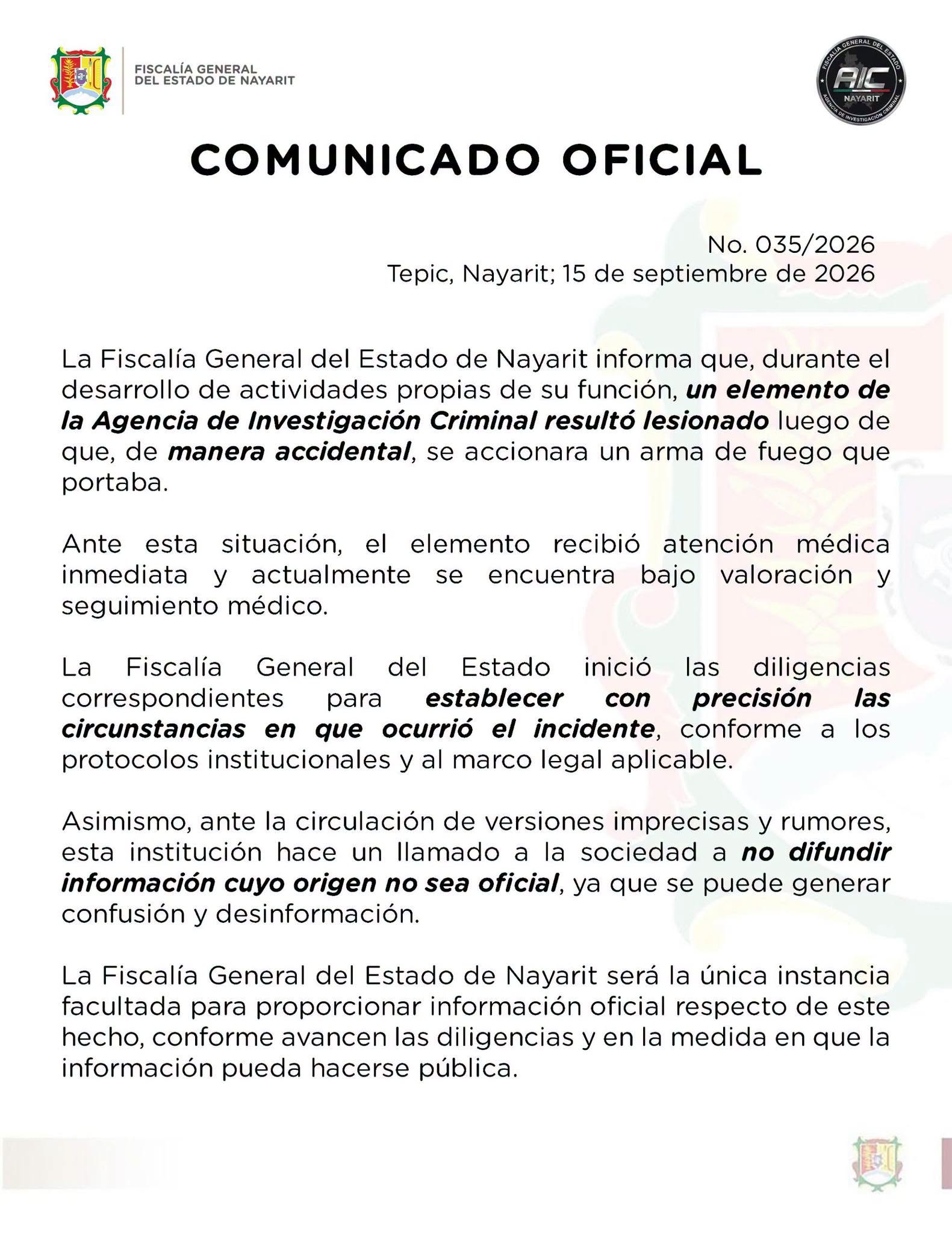 Elemento de la AIC Nayarit resulta lesionado en incidente con arma de fuego