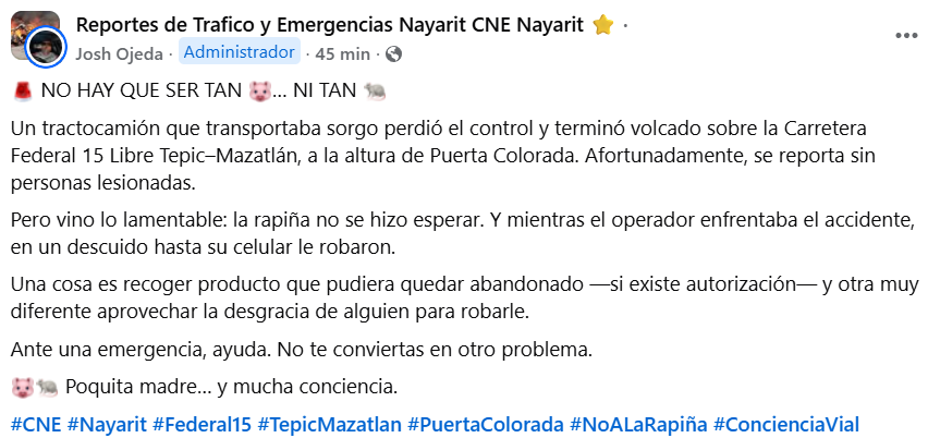 Tractocamión con sorgo vuelca en la Tepic-Mazatlán y reportan rapiña