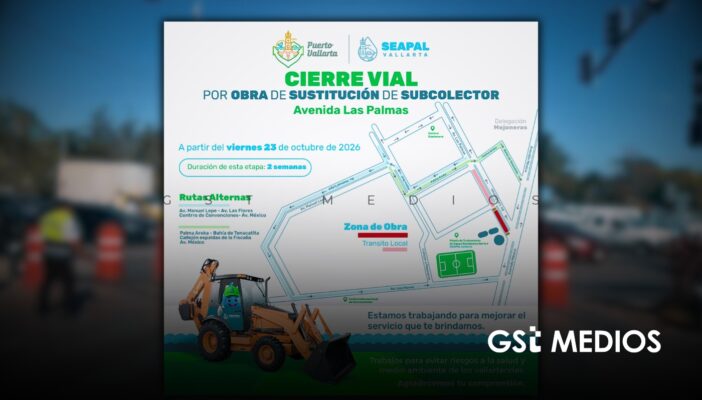 Cerrarán tramo de avenida Las Palmas en Vallarta por obras; durarán dos semanas